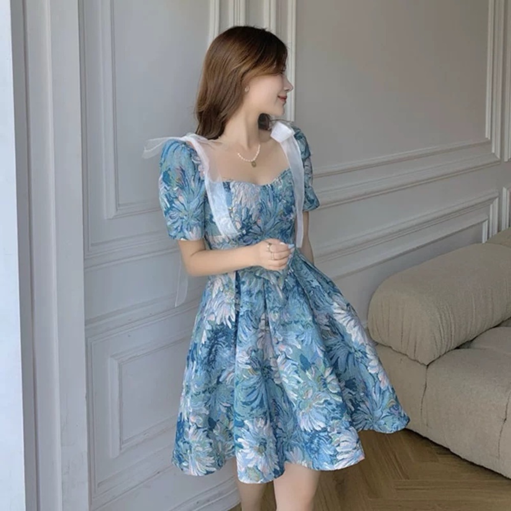 Floral Short Sleeve Dress with White Bows